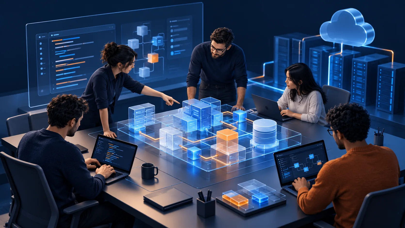 Conceptual illustration: An independent software engineering studio working side by side with a client operations team on a real system, with practical build artifacts rather than a strategy presentation.