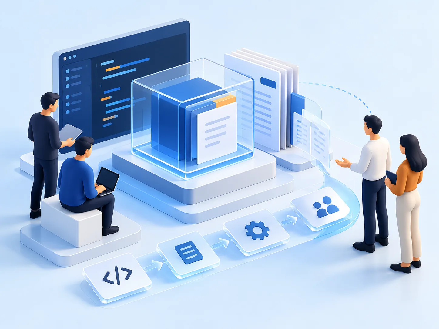 Conceptual illustration: A working software release, technical documentation and client-team handover arranged as tangible outputs of a careful engineering engagement.