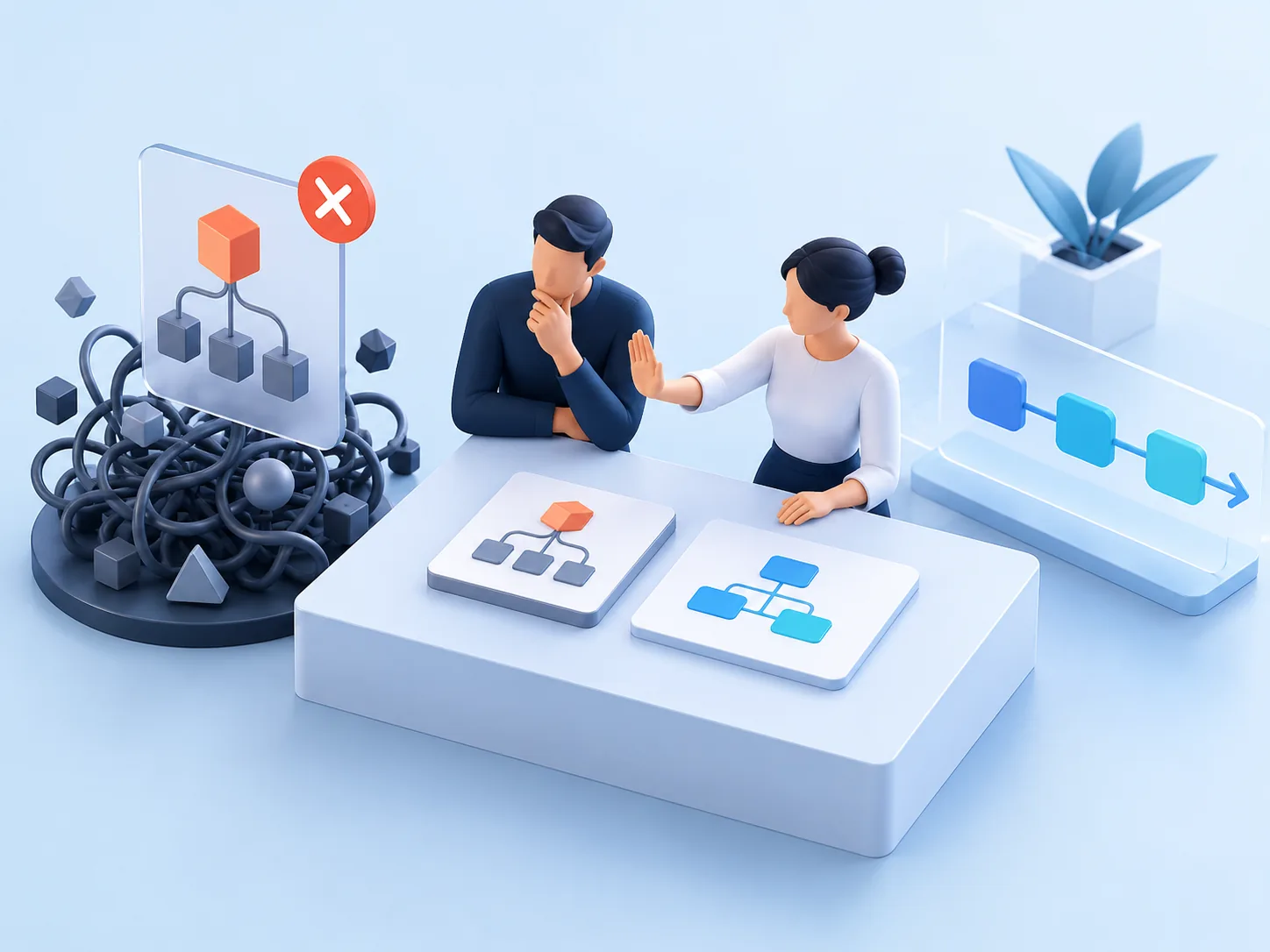 Conceptual illustration: A delivery decision desk showing one proposed feature consciously declined because it adds complexity without helping the operating workflow.