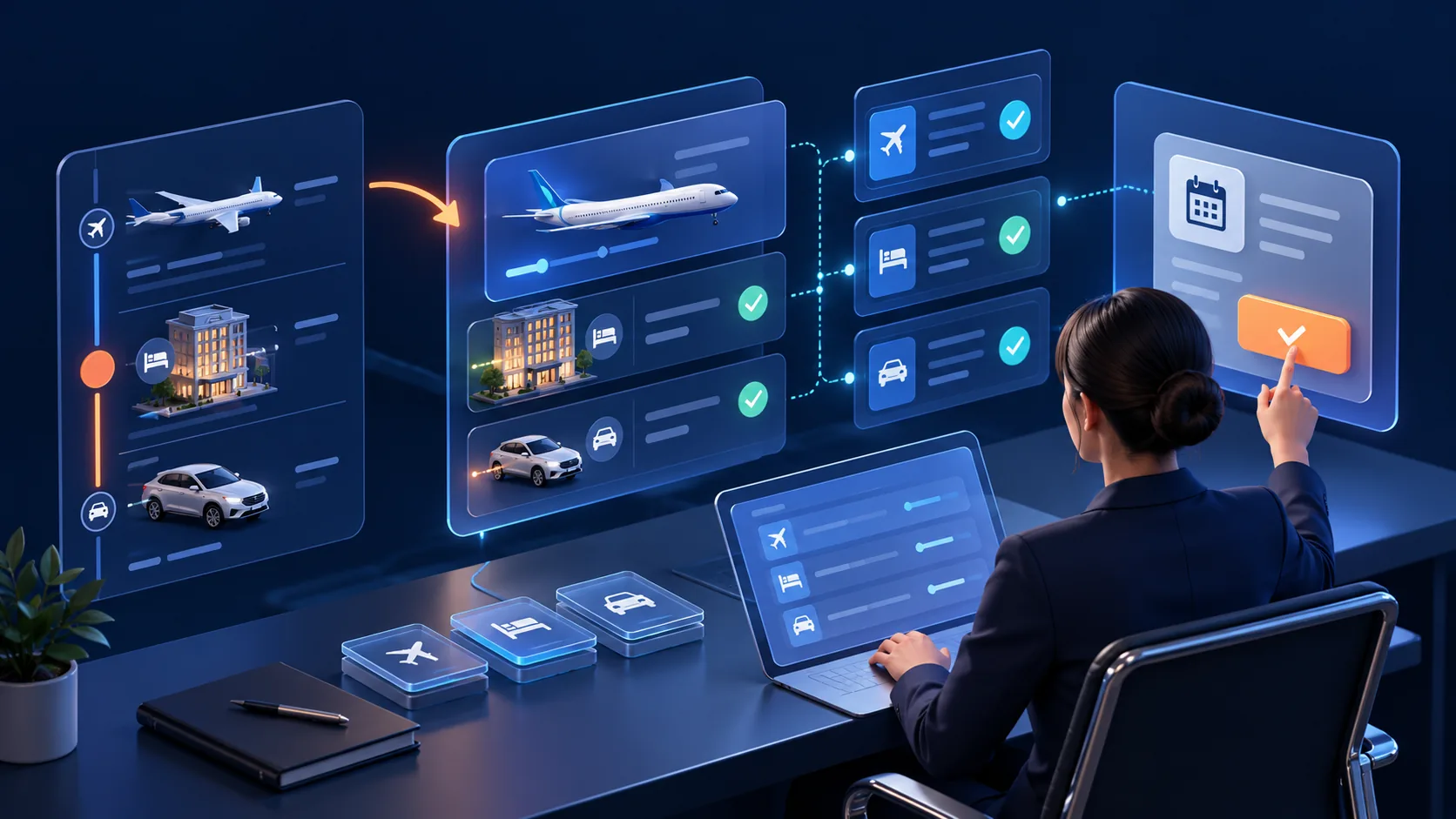 Conceptual illustration: A post-booking travel service workspace handling an itinerary change, supplier response and human agent approval inside one controlled interface.