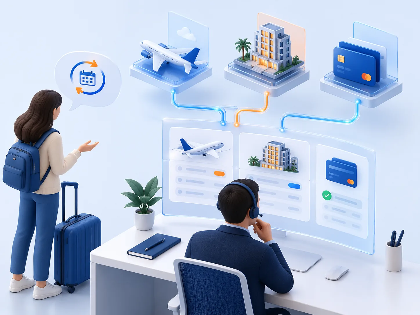 Conceptual illustration: A traveller asks to change a booking while airline rules, hotel policy and payment status sit in separate systems; an agent must reconcile them before responding.