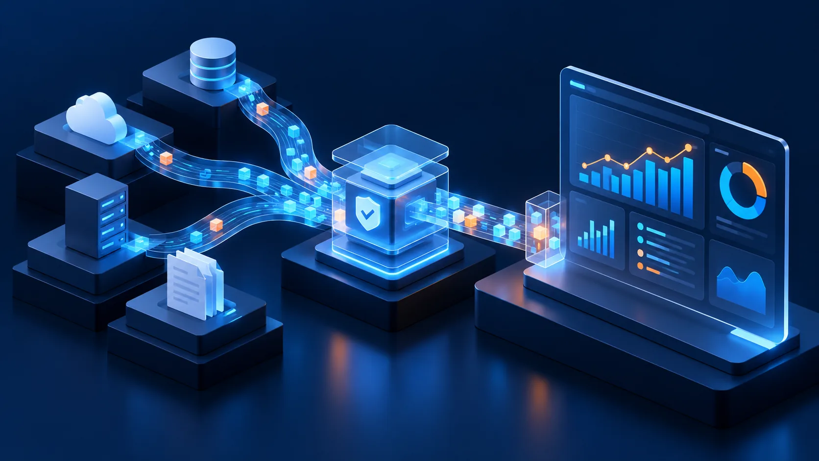 Conceptual illustration: Reliable business data flowing from operational sources through validated pipelines into one trustworthy decision dashboard.
