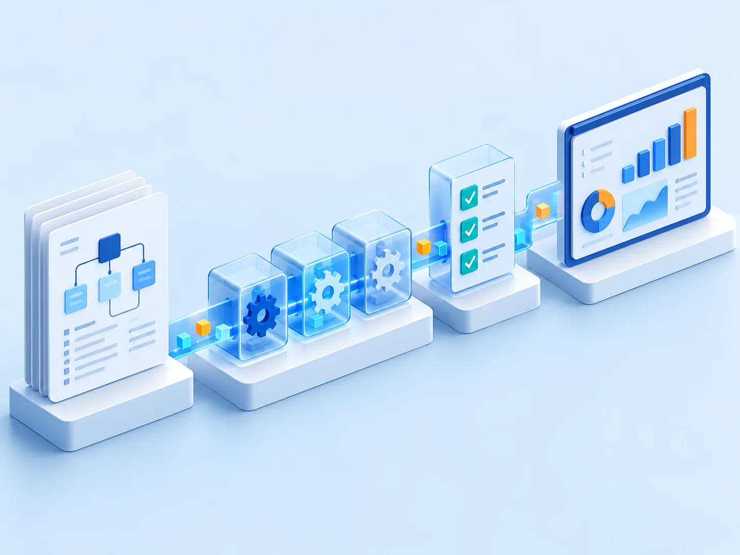 Conceptual illustration: A documented data model, tested pipelines, quality checks and a clear dashboard assembled as sequential engineering outputs.