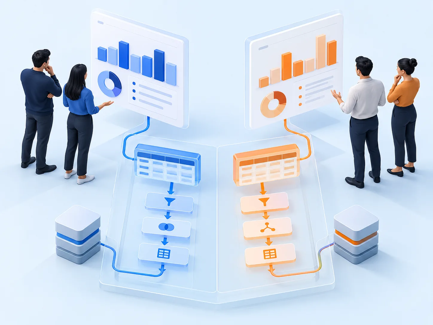 Conceptual illustration: Two teams bring conflicting dashboards with different definitions for the same metric; reveal mismatched source tables and transformation logic without any numbers.