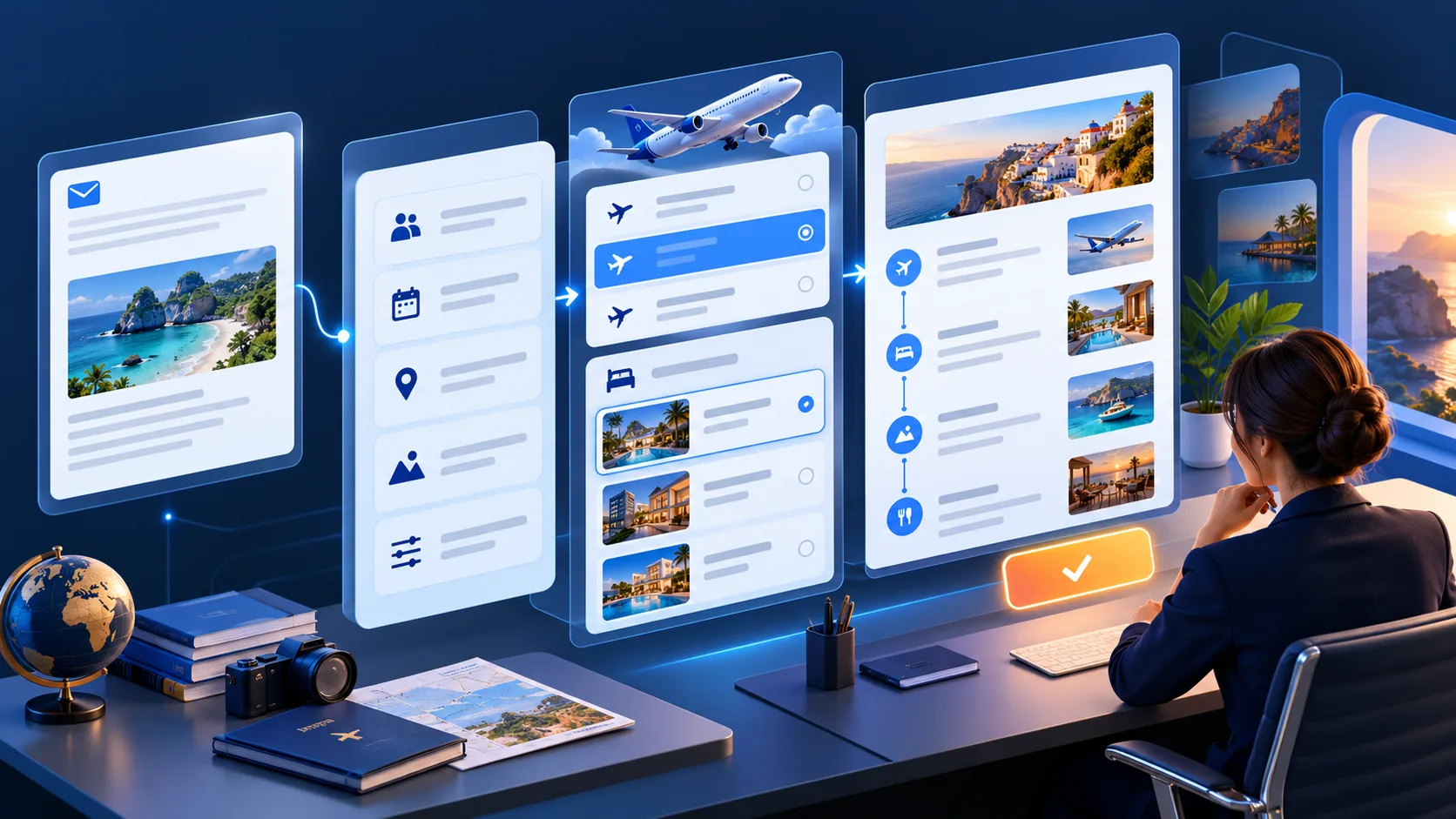 Conceptual illustration: An inbound travel enquiry becomes structured trip preferences and a quotable itinerary draft, with a consultant at the approval step.