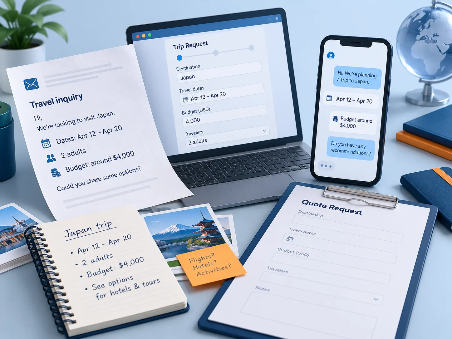 Conceptual illustration: Close-up still life of the manual problem, with no people: one traveller request fragmented across an email printout, web form and messaging card, duplicate date and budget fields, paper notes and a separate unfilled quote form. Emphasise disconnected inputs and clerical re-entry, not a finished itinerary.