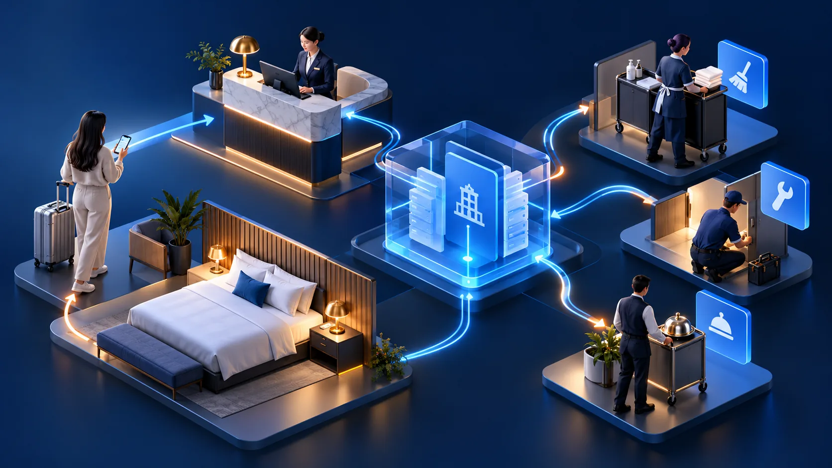 Conceptual illustration: A hotel guest request seamlessly connected from front desk through property-management software to the correct service team and back to the guest.