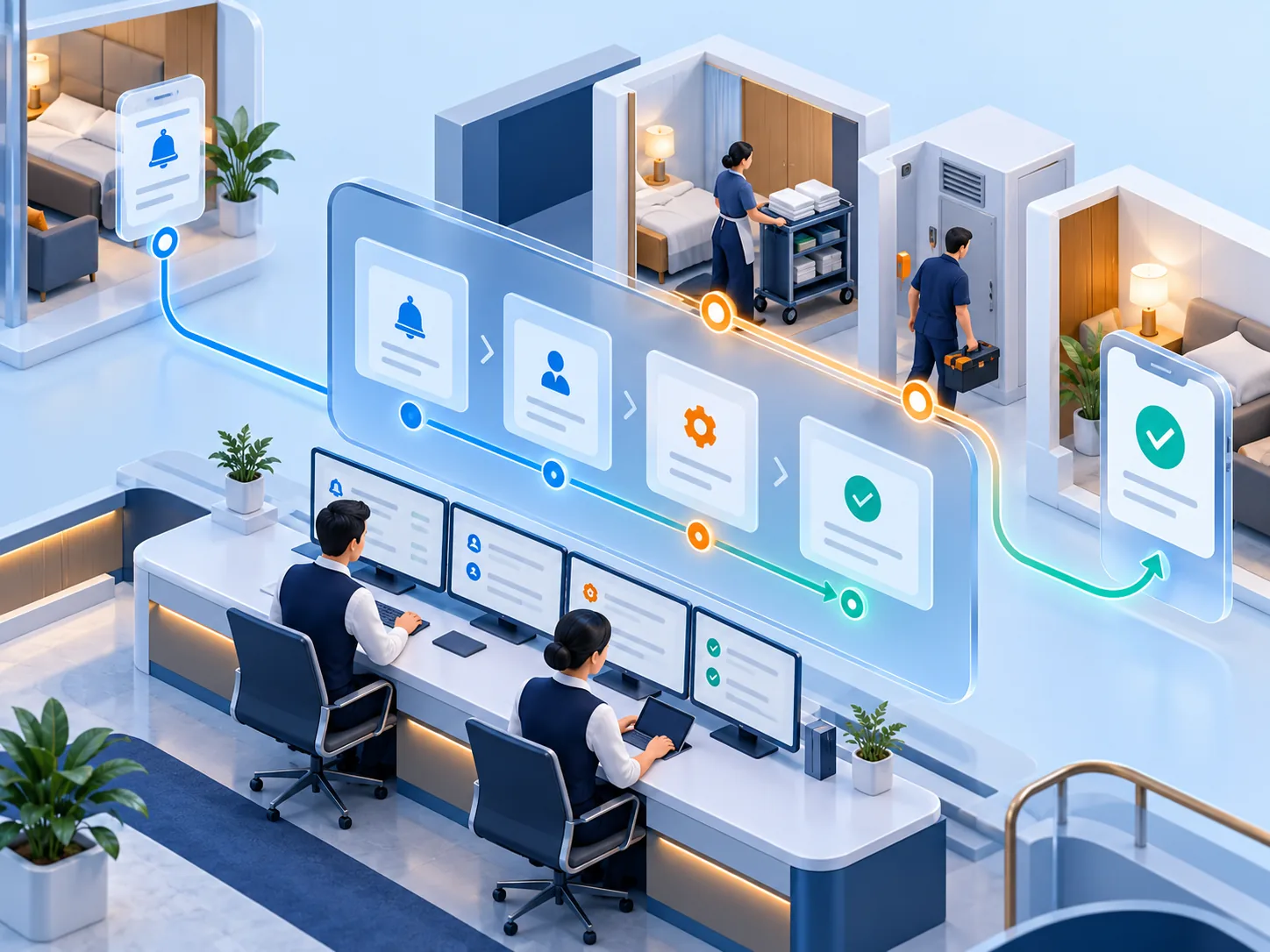 Conceptual illustration: A hotel operations command center with guest request intake, assigned service owner, completion status and closed-loop guest update.