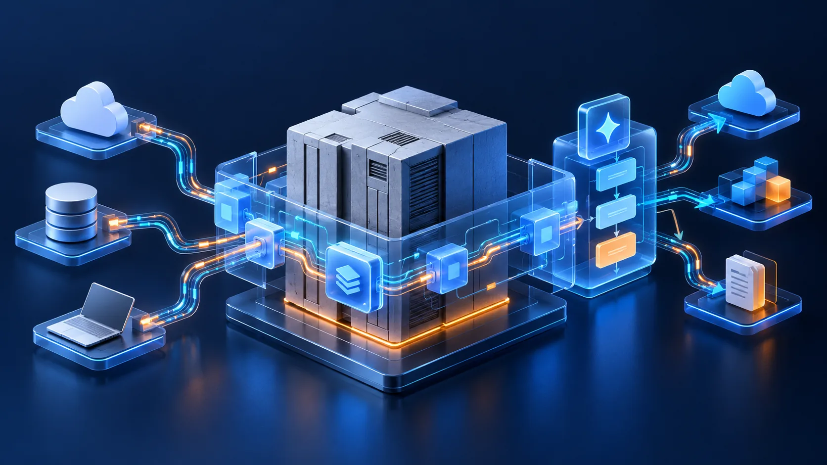 Conceptual illustration: A revenue-critical legacy system kept running while a modern integration layer and a carefully scoped AI-assisted workflow are added around it.