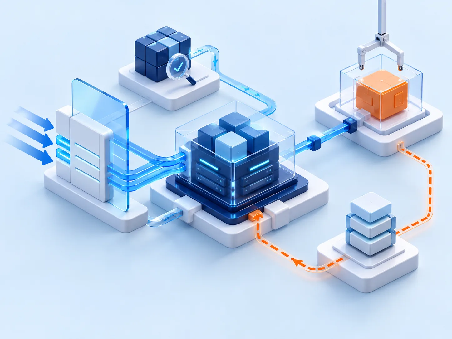 Conceptual illustration: Incremental modernisation: tested facade, isolated replacement workflow, rollback path and a stable live core connected together.