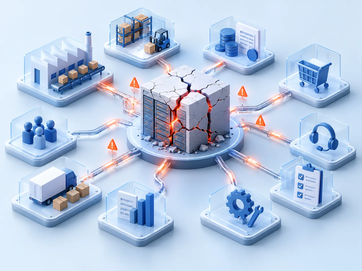 Conceptual illustration: A brittle central enterprise system with many dependent operations; show why a full replacement would interrupt the business.