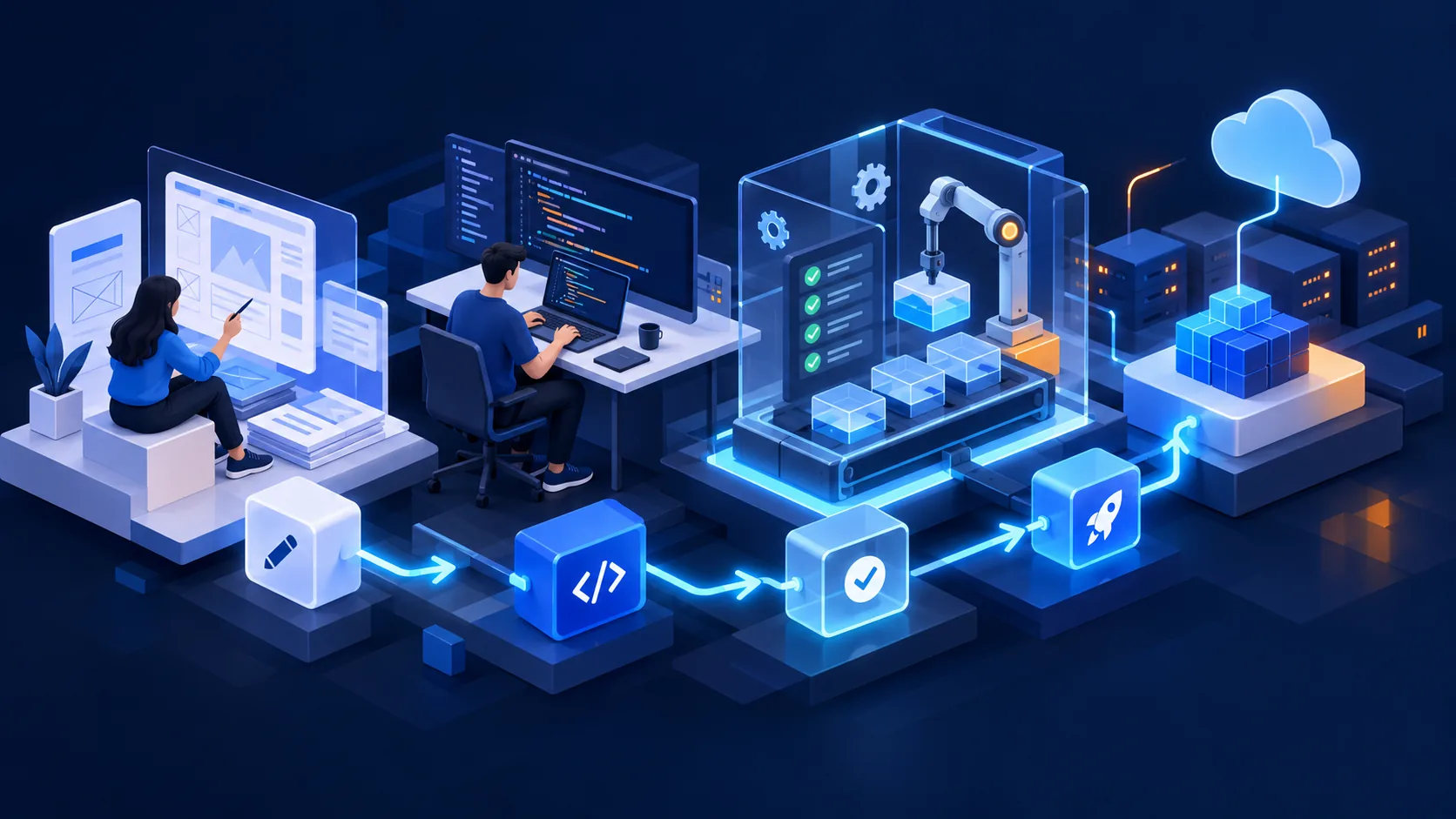 Conceptual illustration: An engineering team building a resilient software product from design prototype through automated testing to a small production release; no faces or fake company marks.