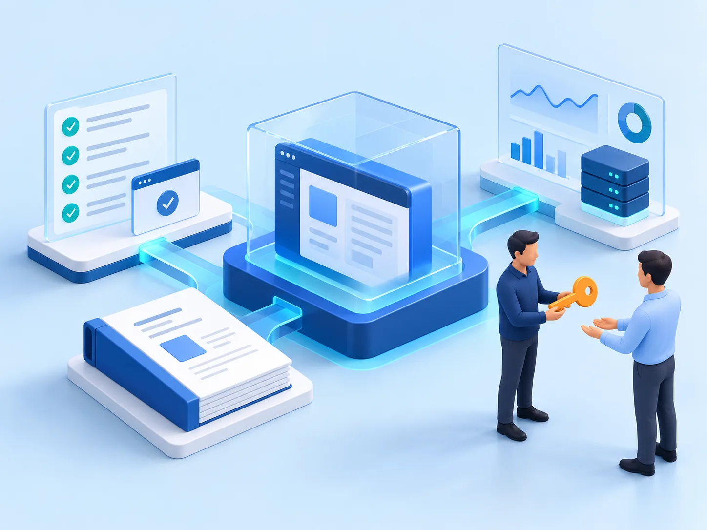 Conceptual illustration: A working product release with test evidence, monitoring, documentation and ownership handover ready for the client team.