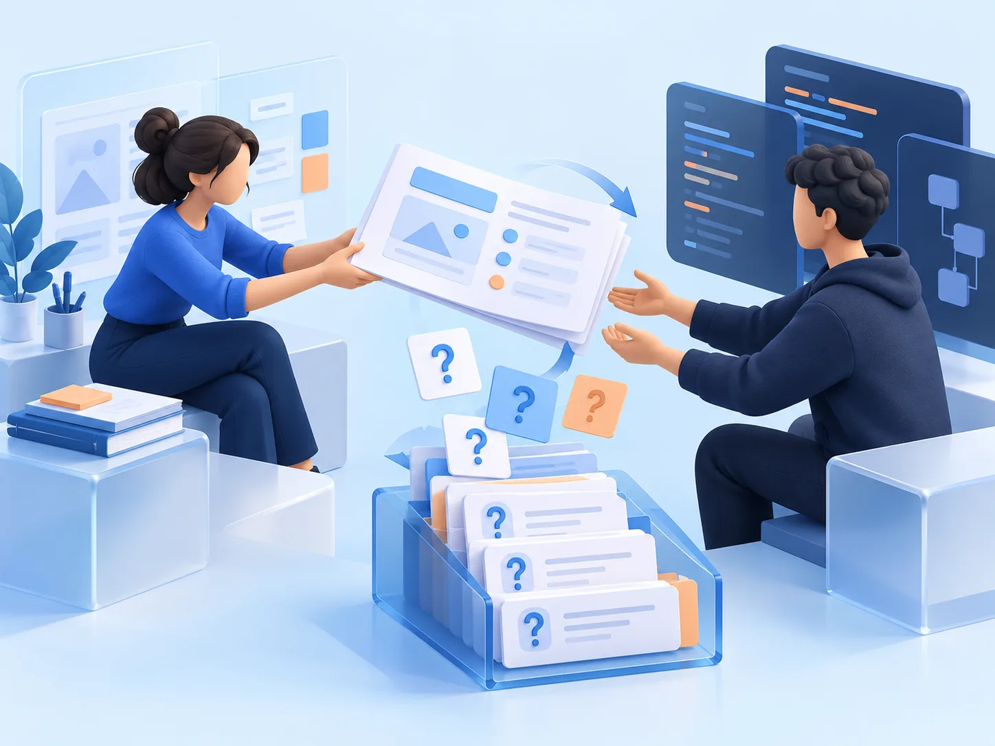 Conceptual illustration: A product plan handed between separate design and development teams, becoming a backlog of unresolved specification and feasibility questions.
