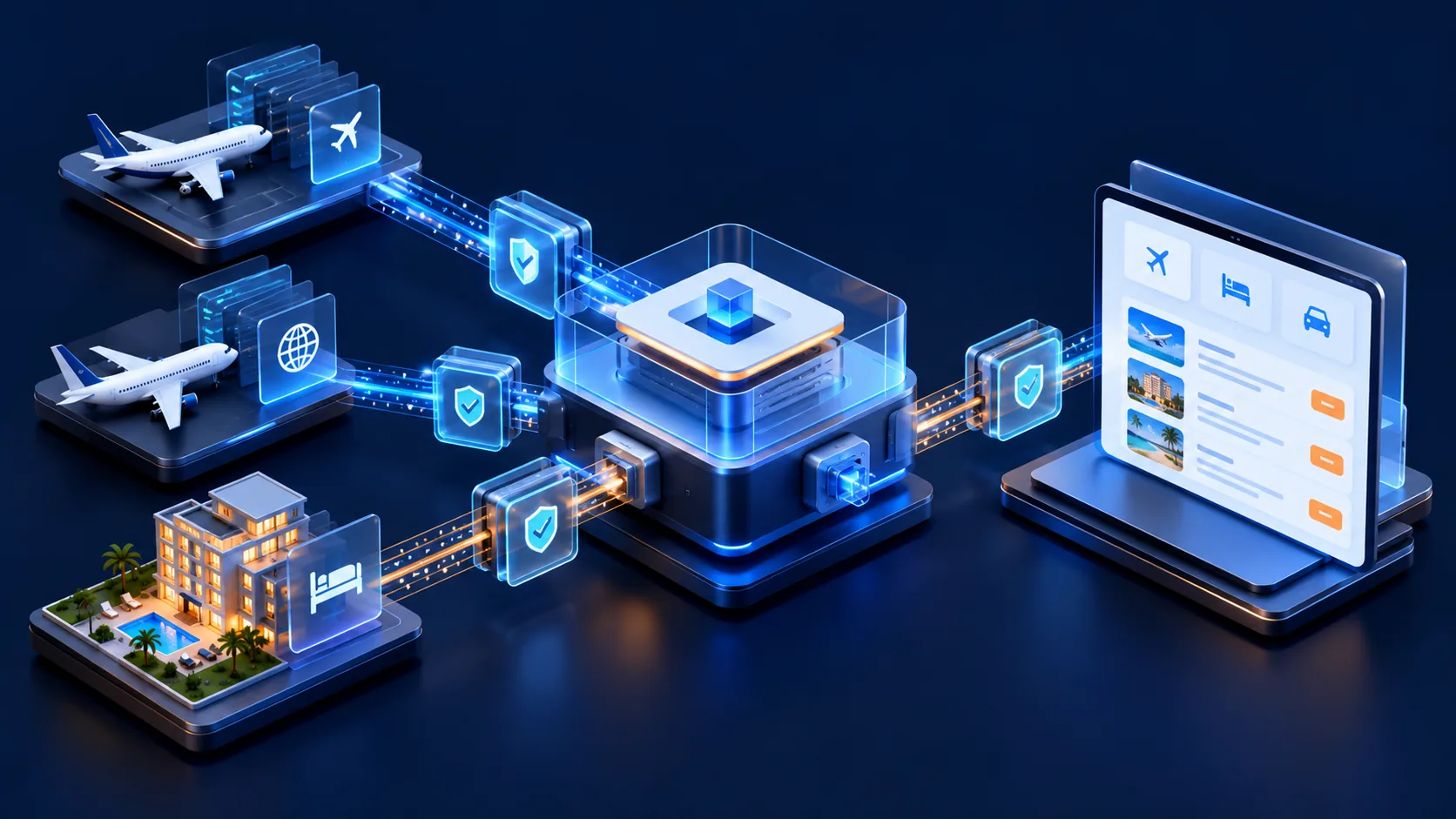 Conceptual illustration: Travel supplier integrations connecting GDS, NDC, hotel inventory and a booking platform through reliable adapters and validation gateways.