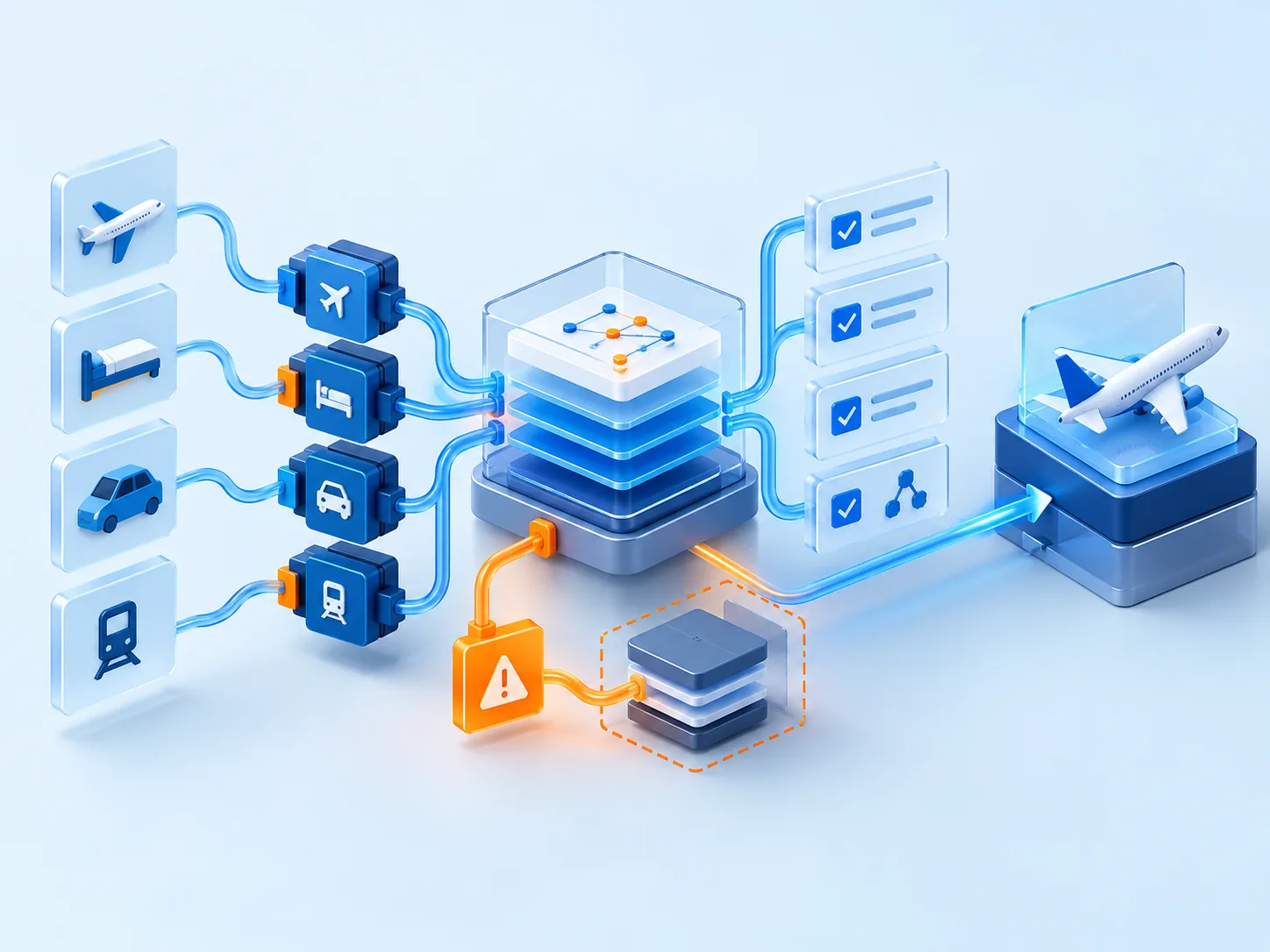 Conceptual illustration: A validated travel integration layer with supplier adapters, normalized data model, test cases and fallback handling before production release.