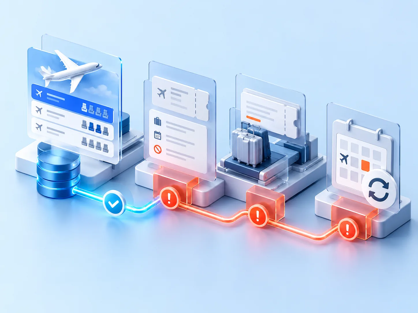 Conceptual illustration: A supplier search returns inventory but fare rules, order creation and post-booking change fail at different integration boundaries.