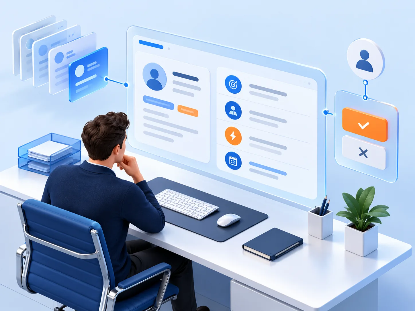 Conceptual illustration: A sales workbench with qualified lead context, clear ownership, next action, follow-up timing and a human decision checkpoint.