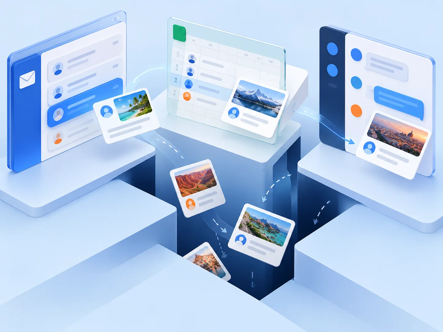 Conceptual illustration: Potential travel customers scattered across inbox, spreadsheet and messaging channels, with follow-ups slipping through gaps between owners.