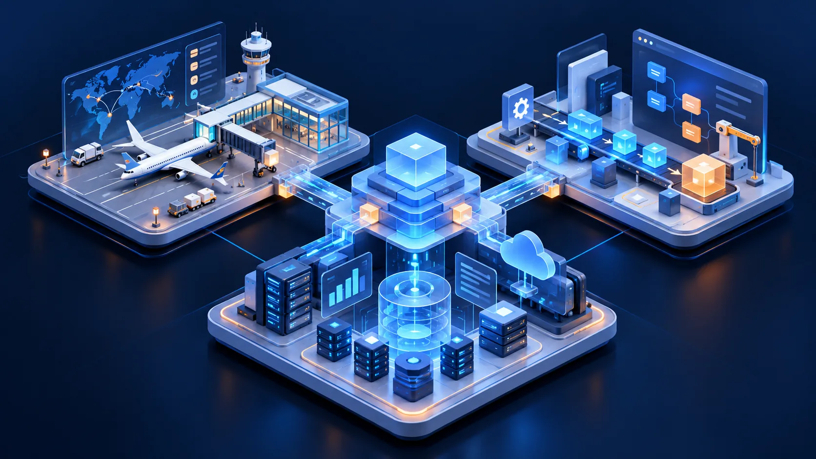 Conceptual illustration: A well-run enterprise operation at the center of a modular software-and-AI engineering workspace; travel operations, product delivery and data foundations represented as distinct connected work areas.
