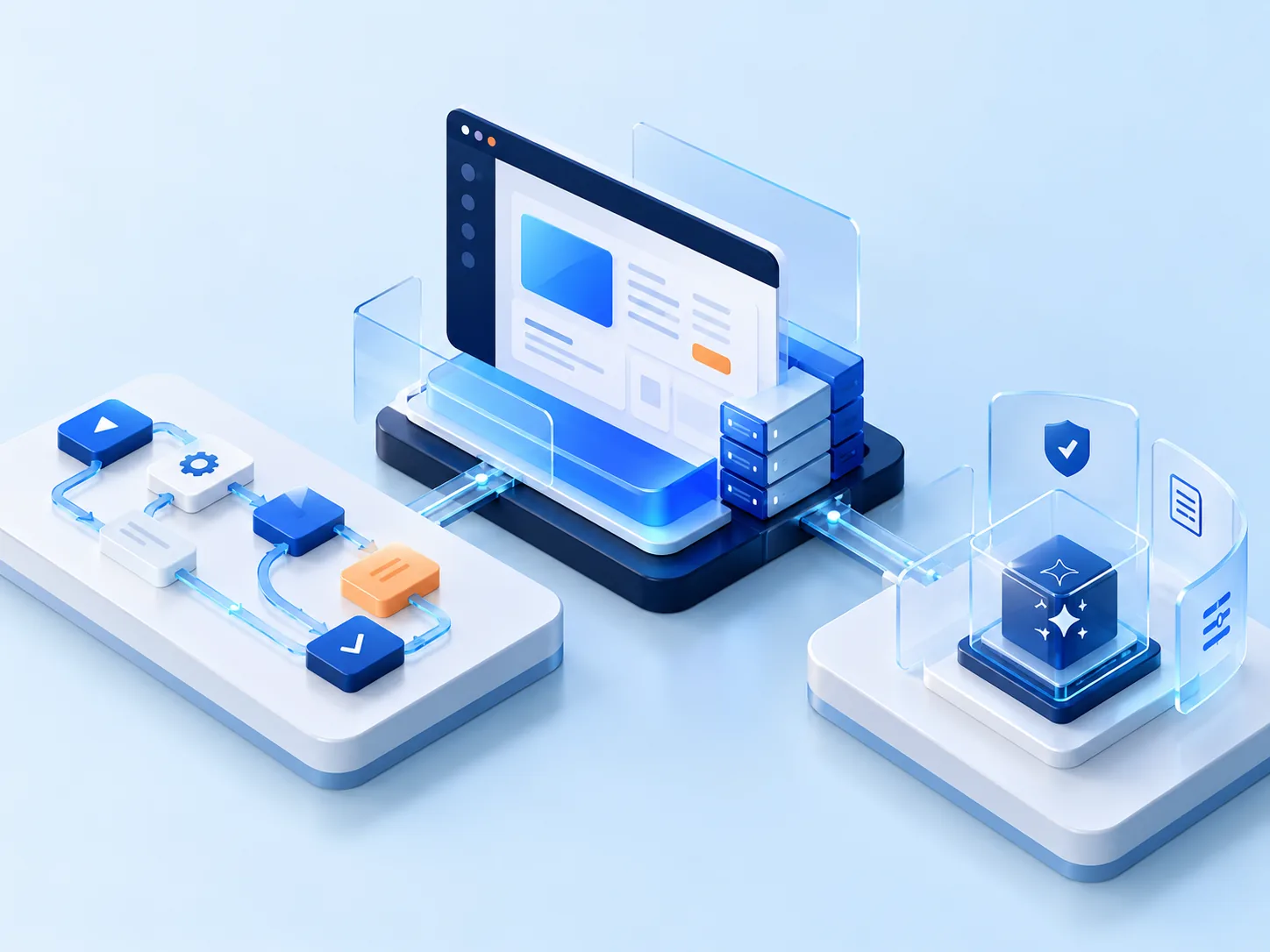 Conceptual illustration: A portfolio of practical deliverables: reliable workflow, deployed software product and governed AI assist, each shown as a separate working artifact rather than a speculative vision.