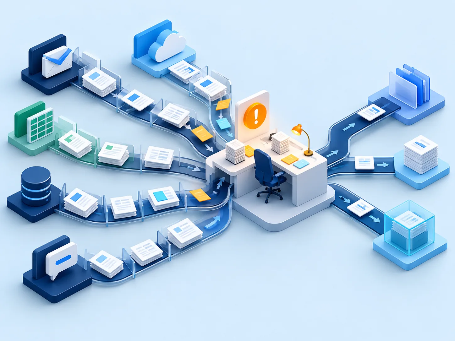 Conceptual illustration: An unglamorous manual business bottleneck discovered in a dense operational workflow: disconnected tools, duplicated handoffs and a visible decision point awaiting a human owner.