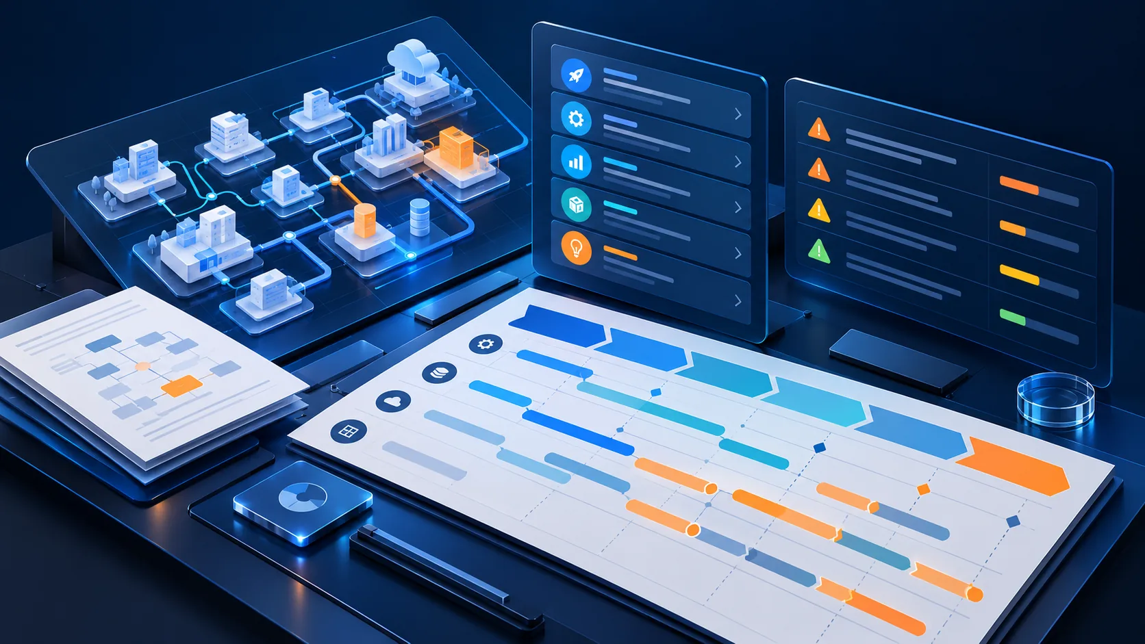Conceptual illustration: A fixed-scope AI transformation audit workbench with current-state map, opportunity shortlist, risk register and prioritised implementation roadmap ready for a decision maker.