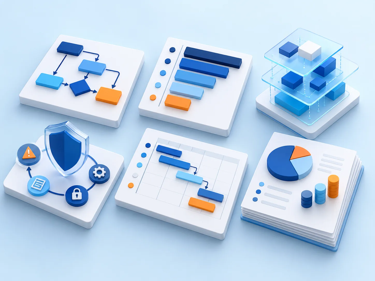 Conceptual illustration: Six tangible audit deliverables laid out as separate physical artifacts: workflow map, use-case ranking, technical feasibility, risk controls, implementation plan and budget estimate, without readable labels.