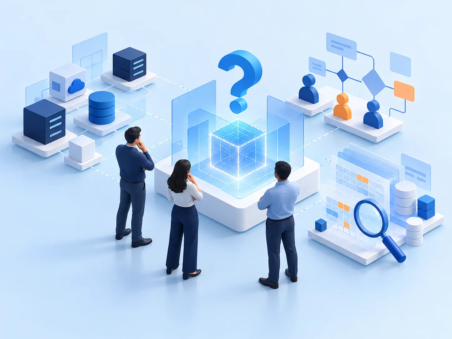 Conceptual illustration: An organisation considering AI while its systems, process owners and data quality are still unclear; visualise discovery and assessment before investment, not a deployed product.
