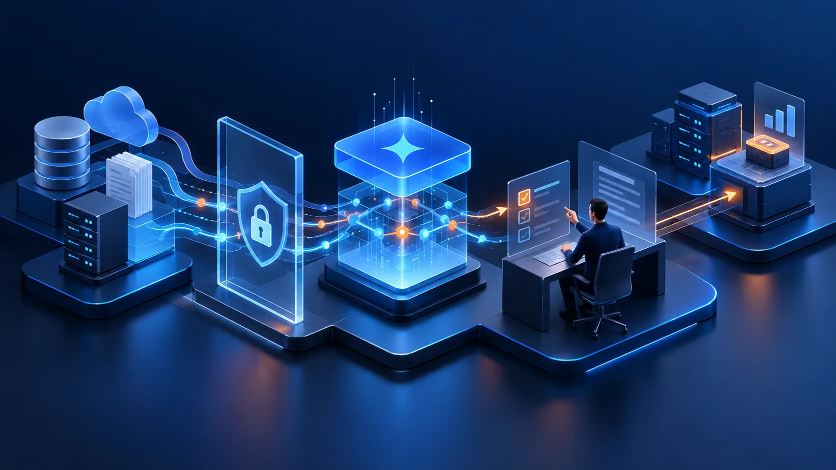 Conceptual illustration: A real operating workflow transformed carefully: data source, permission boundary, assistive AI layer and human approval, with the business system continuing to run.