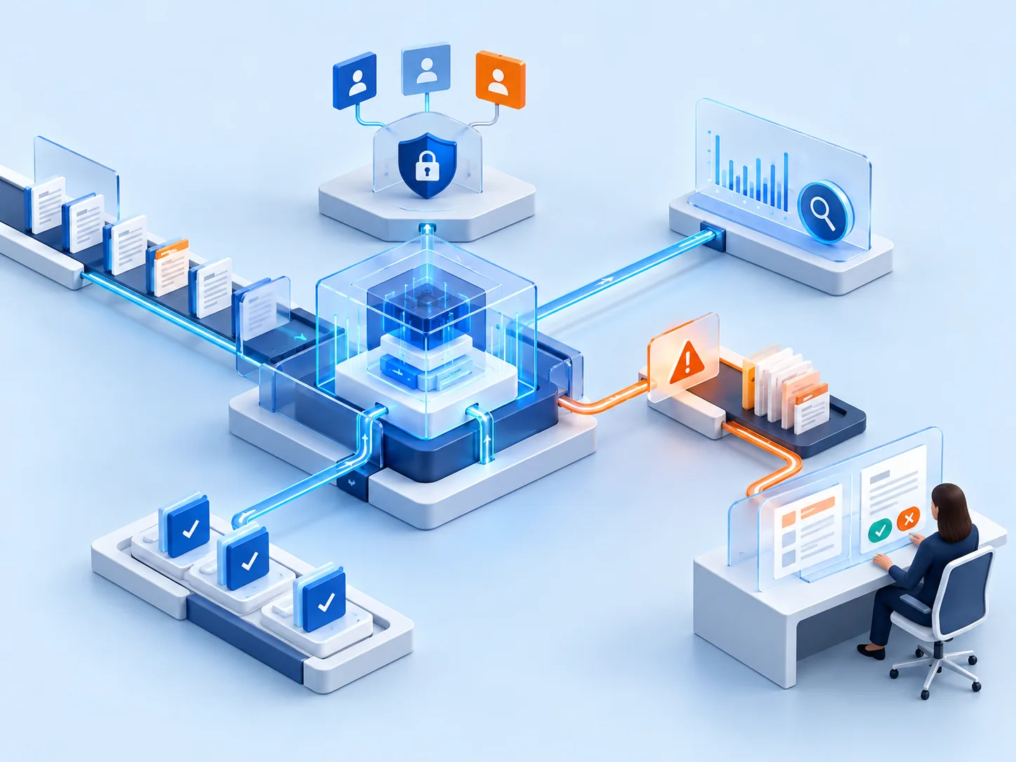 Conceptual illustration: A governed AI implementation architecture with monitored actions, exception handling, access controls and a clearly reachable human review station.