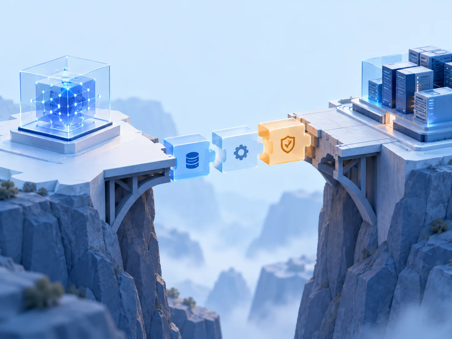 Conceptual illustration: A promising AI demo unable to cross into production because data access, process ownership and approval rules are missing; show the gap as a physical unfinished bridge between prototype and operation.