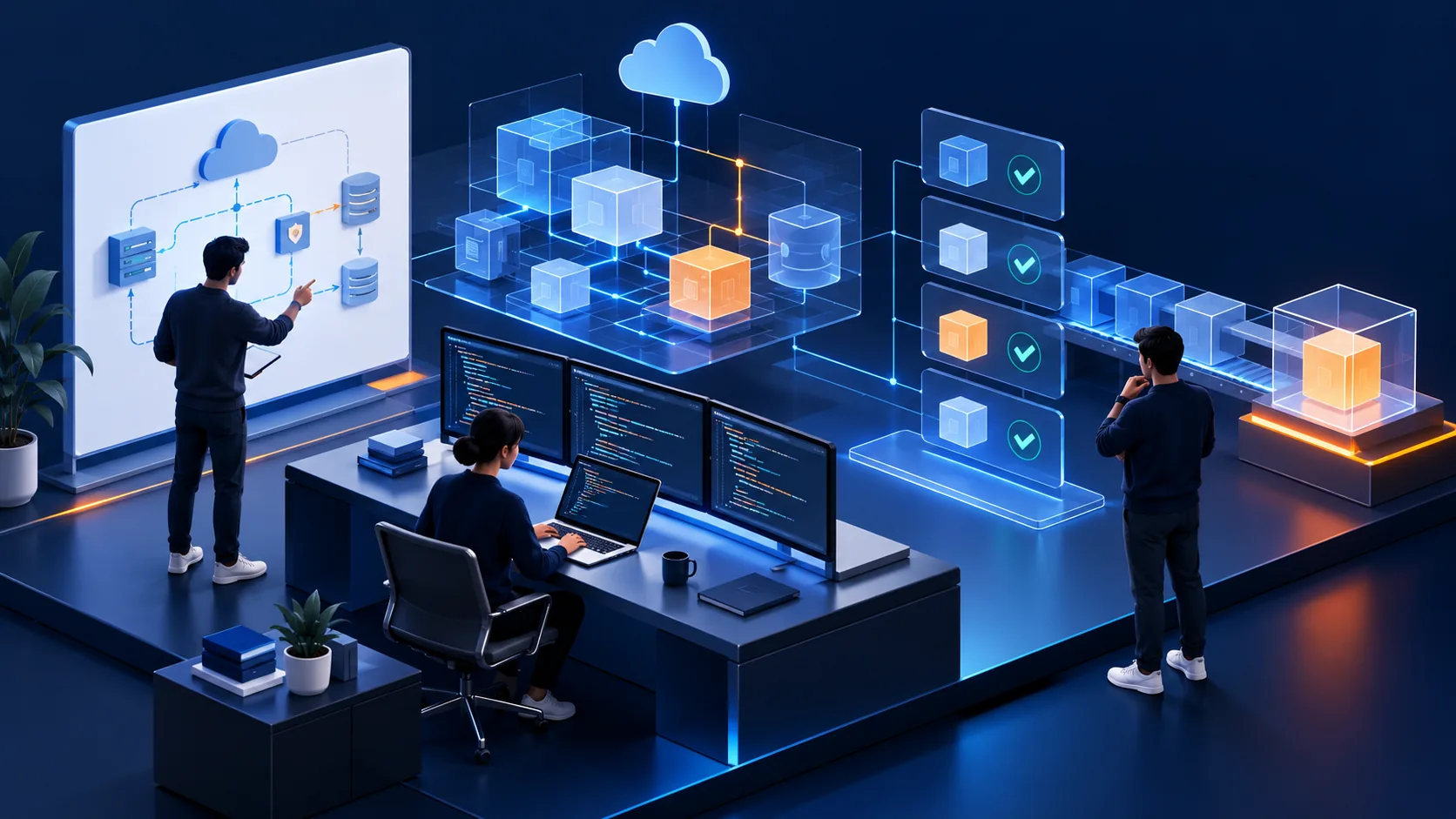 Conceptual illustration: Software engineering team working through a real operational constraint with architecture sketches, tested code modules and a release plan, no identifiable faces or fake office branding.