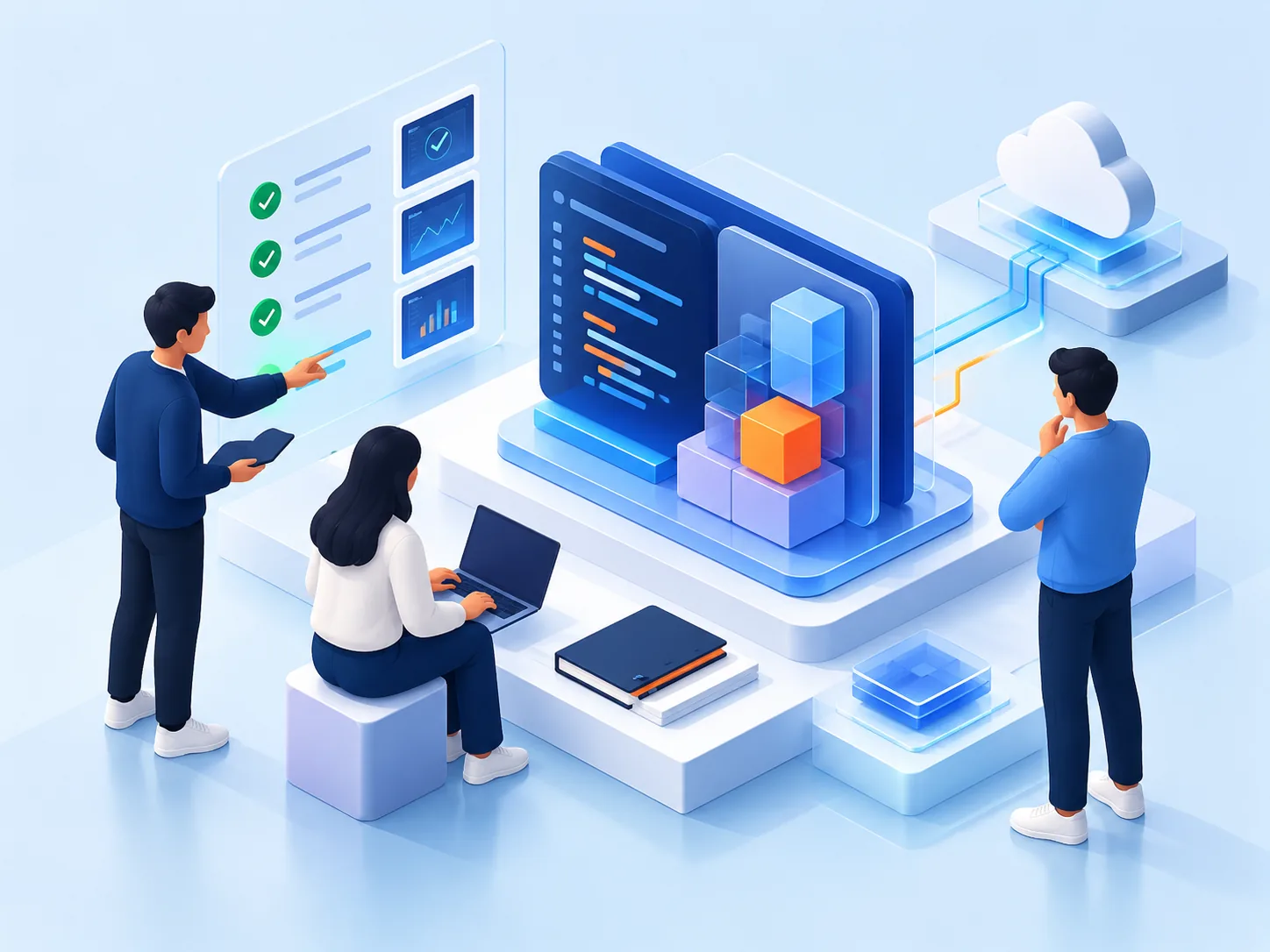 Conceptual illustration: A collaborative engineering handover with working product, test evidence and shared ownership, emphasizing craft and learning rather than recruiting clichés.