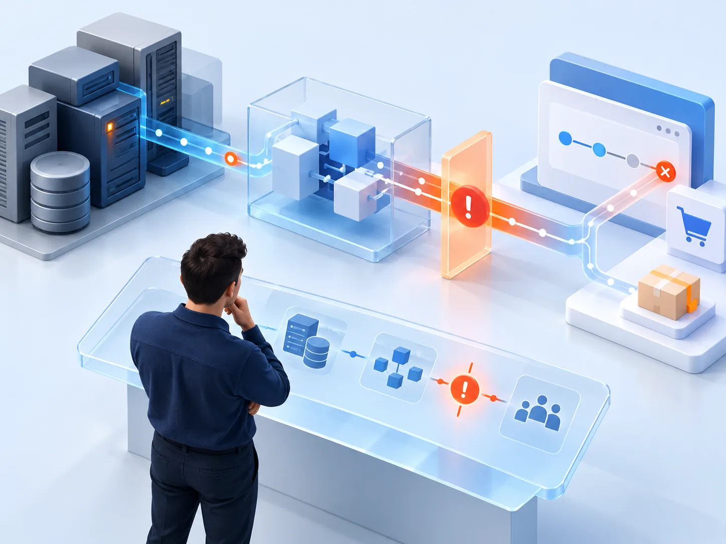 Conceptual illustration: An engineer tracing an unexpected failure across legacy system, integration boundary and customer workflow, showing why the operating constraint matters more than a fashionable framework.