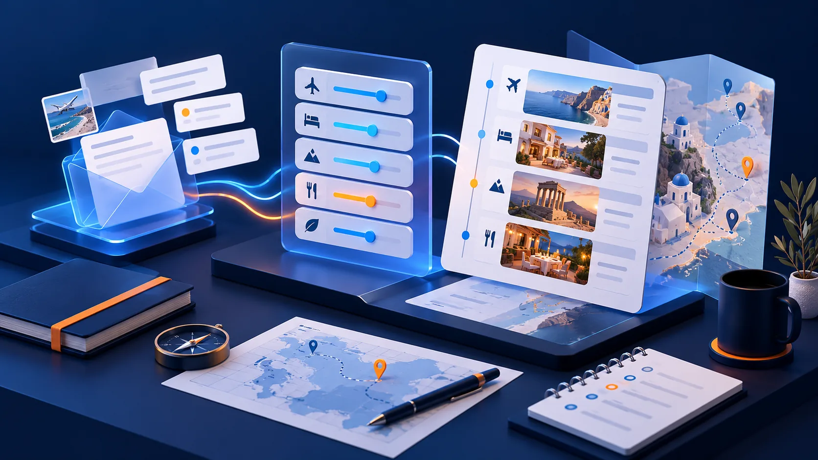 Conceptual illustration: Conceptual travel consultancy workbench transforming an incoming trip request into structured preferences and a first itinerary draft ready for a specialist to review; not a client screenshot.