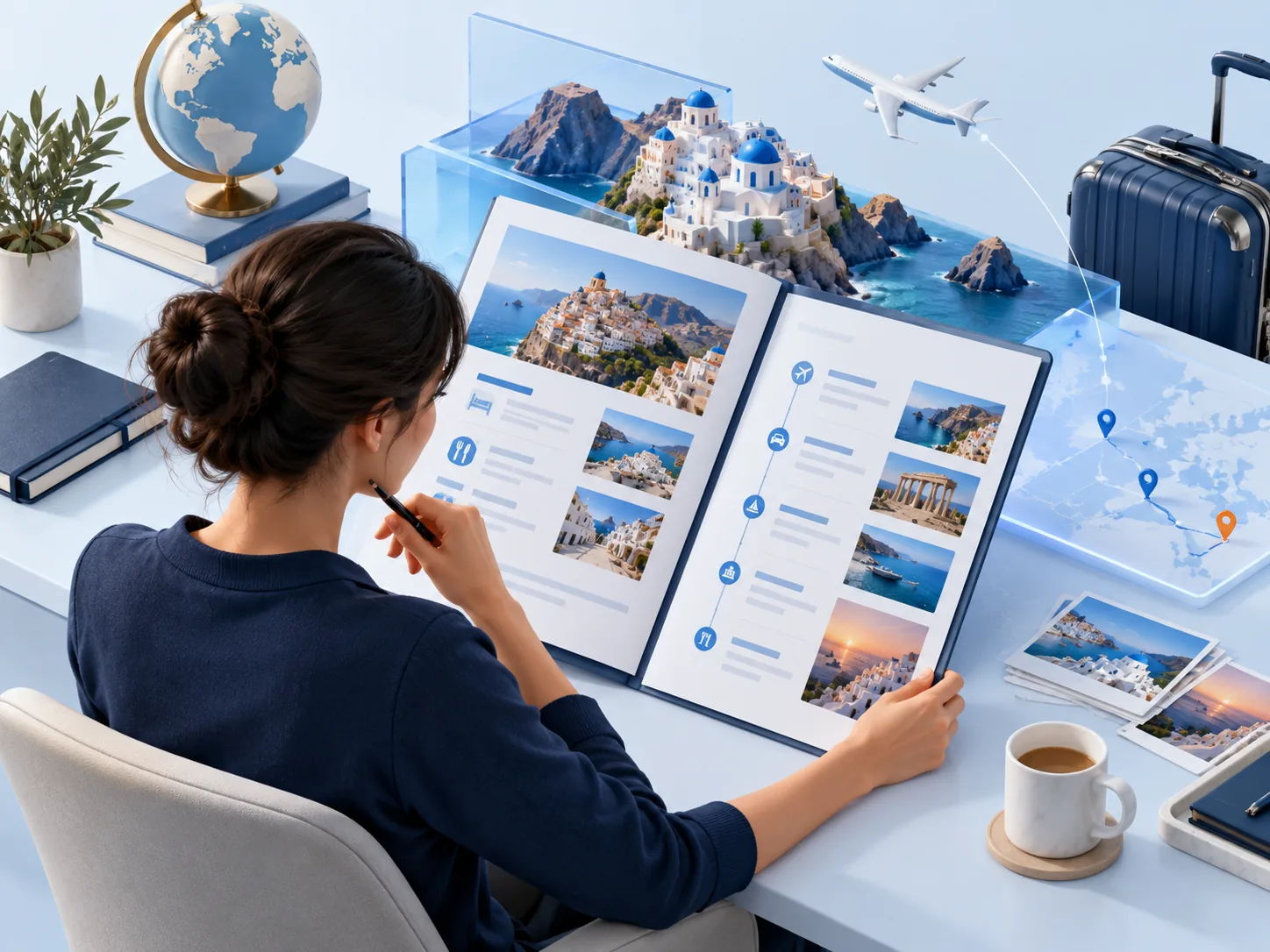 Conceptual illustration: A travel specialist reviewing a prepared, structured trip brief and a provisional itinerary, with human judgement prominent and no invented conversion statistics.