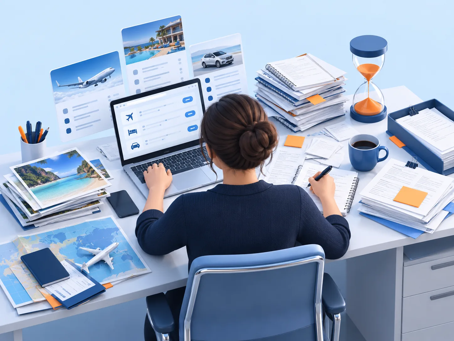 Conceptual illustration: Consultant preparation before automation: travel enquiries, supplier notes and repeated data entry spread across a cluttered desk, with the first hour spent on clerical tasks.