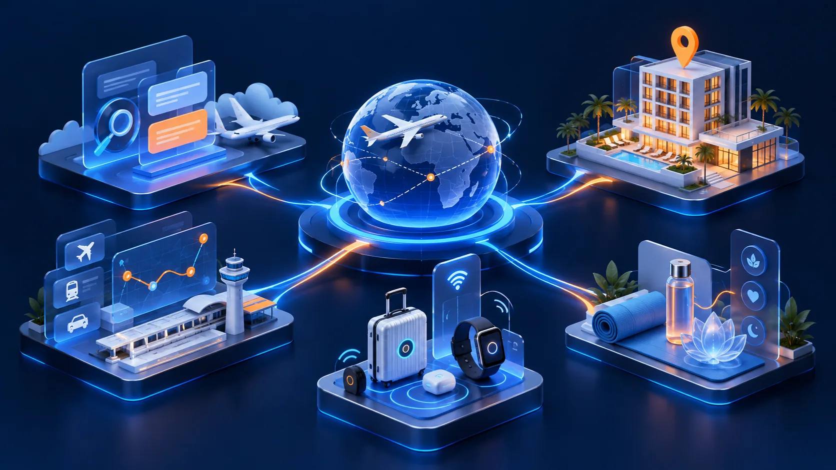 Conceptual illustration: Editorial portfolio of five distinct software engagements represented only as conceptual artifacts: travel enquiry automation, hotel reservations, travel platform servicing, connected devices and wellness workflow.