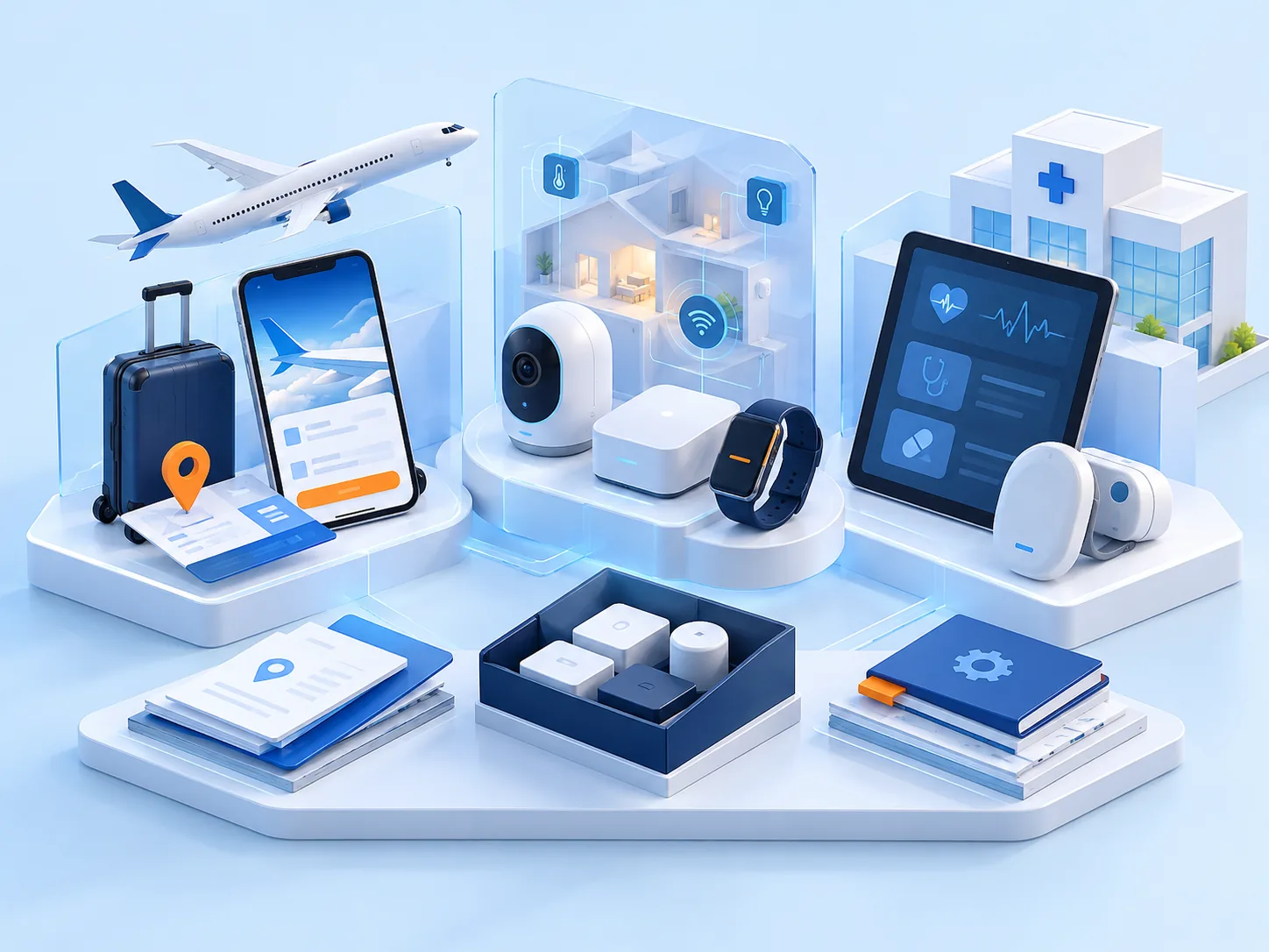 Conceptual illustration: A carefully curated display of delivered software types across travel, connected products and healthcare, with practical handover artifacts and no invented client dashboards.