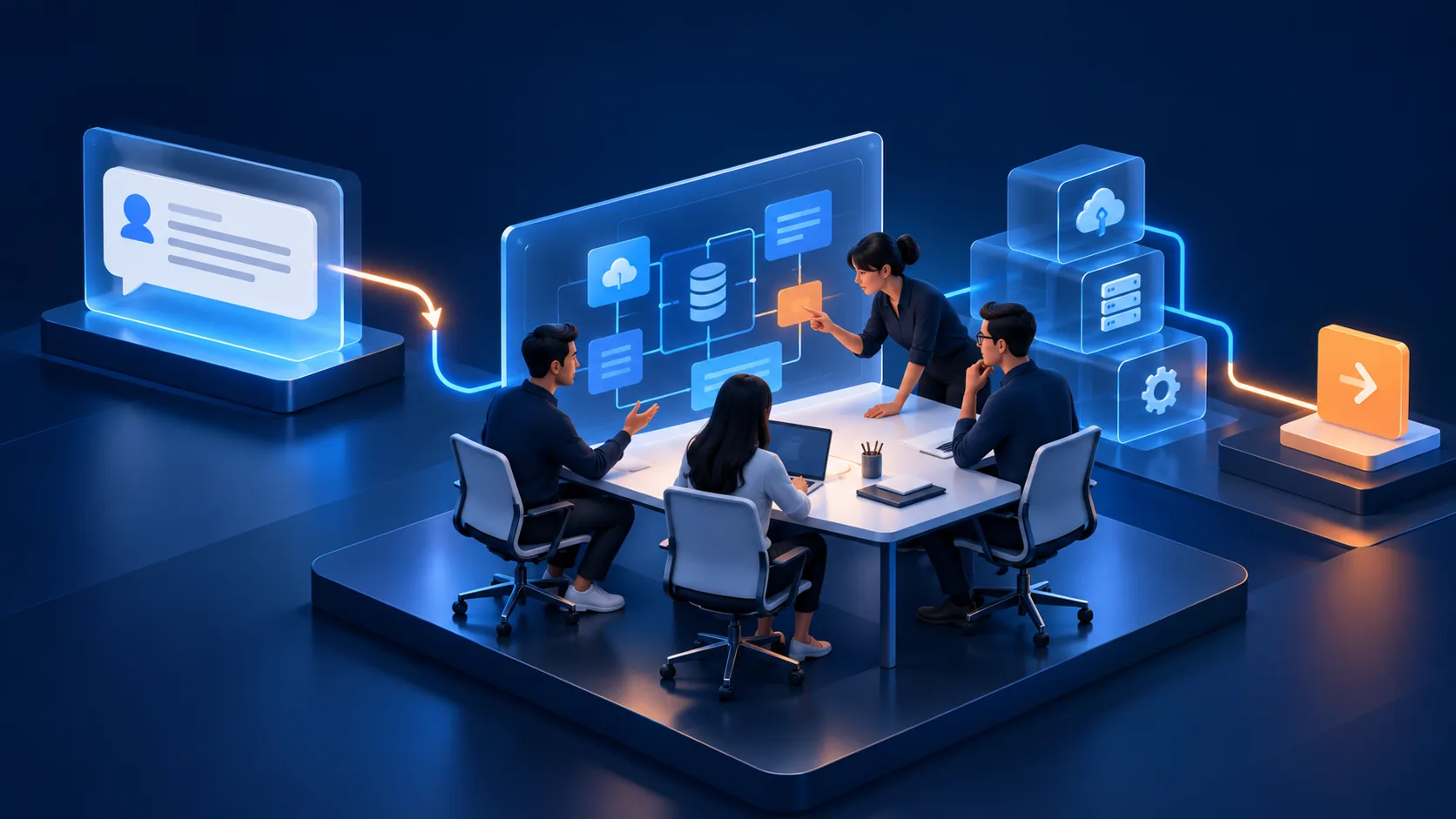 Conceptual illustration: A practical operations enquiry arriving at an engineering team and being turned into a focused conversation about systems, workflow and the next sensible step.