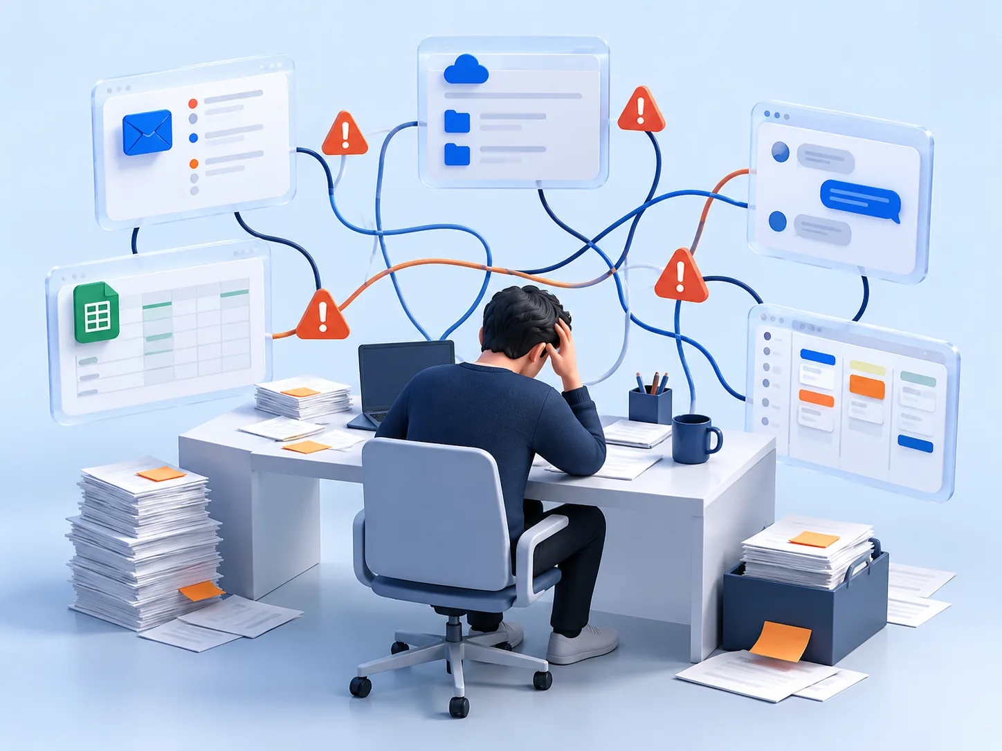 Conceptual illustration: A business bottleneck described plainly across disconnected tools, with its owner and impact visible but no speculative technical solution attached yet.