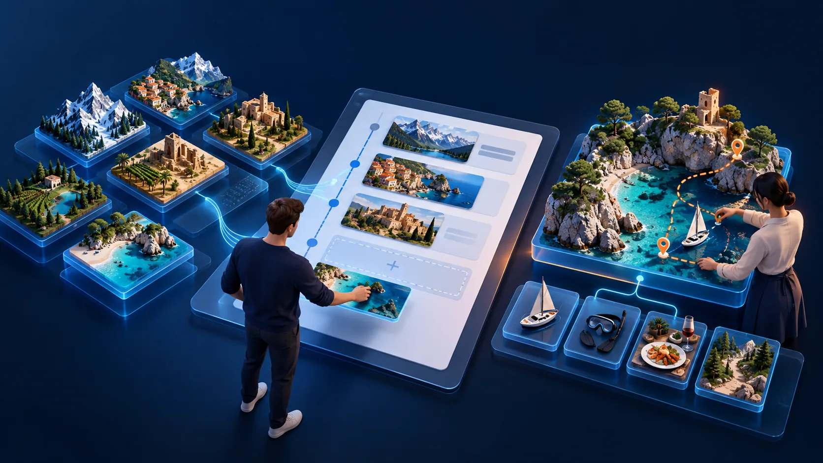 Conceptual illustration: Destination-management studio assembling an original multi-day journey from reusable regional trip components while a local specialist customizes one memorable excursion.