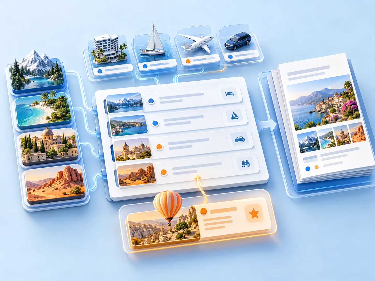 Conceptual illustration: Modular itinerary-building workbench: reusable destination blocks, current supplier options and a distinctive consultant-curated experience combine into a reviewed client proposal.