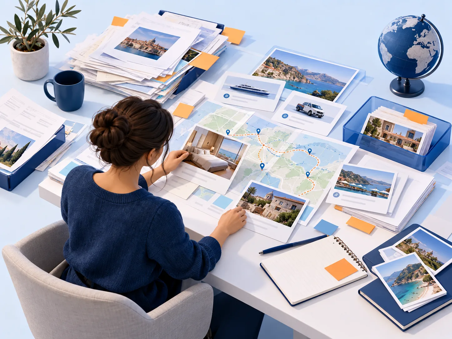 Conceptual illustration: Tour operator preparing a bespoke itinerary from scattered supplier notes, maps, hotel options and old proposal fragments, showing the repetitive assembly effort without implying a finished trip.