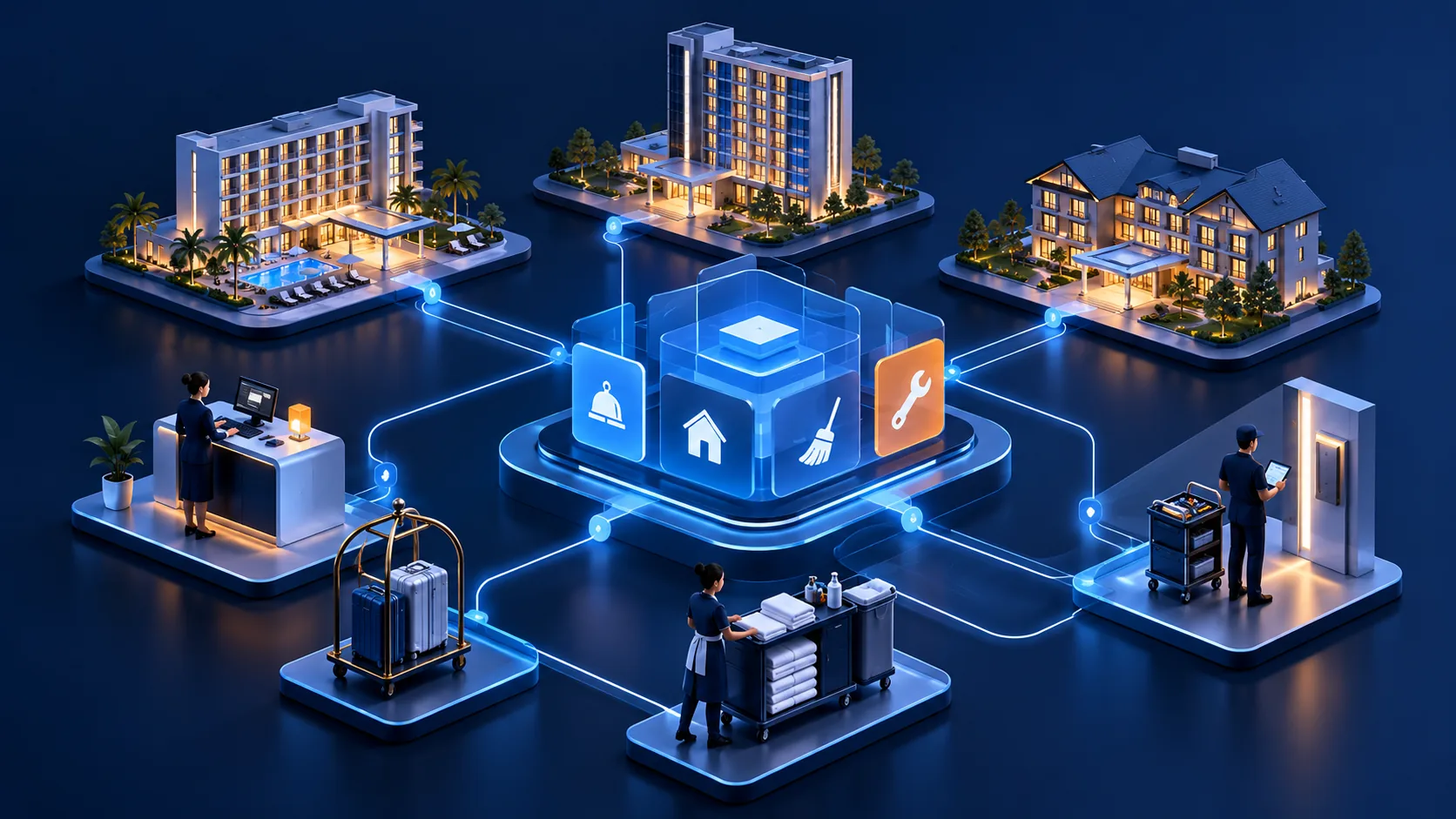 Conceptual illustration: Multi-property hotel group coordinating guest requests, property management, housekeeping and service teams through one connected operational flow.
