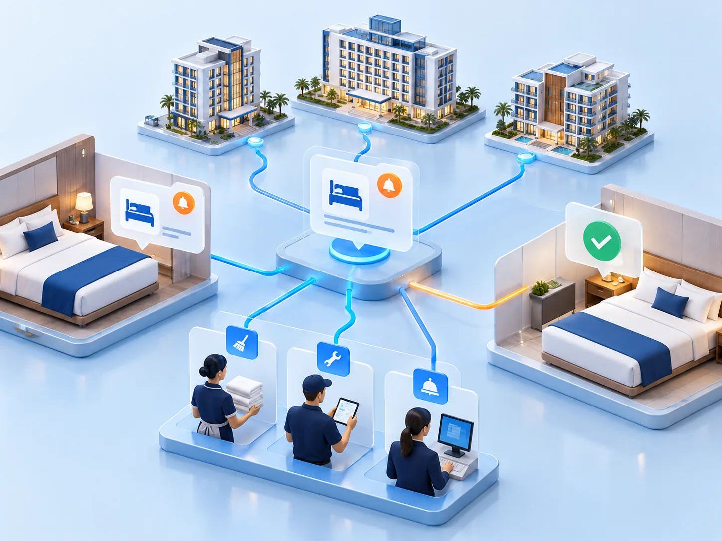 Conceptual illustration: Hotel operations handoff with guest request context, the assigned team, room readiness and closed-loop completion visible across several properties.