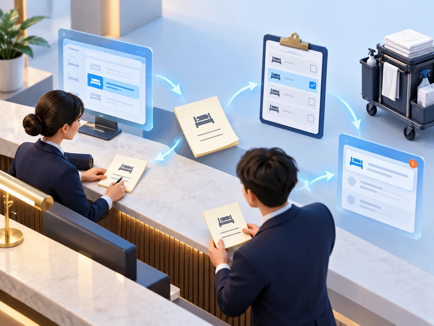 Conceptual illustration: Hotel front desk repeatedly transcribing one guest request between reservation system, paper note, housekeeping roster and service inbox across a shift change.
