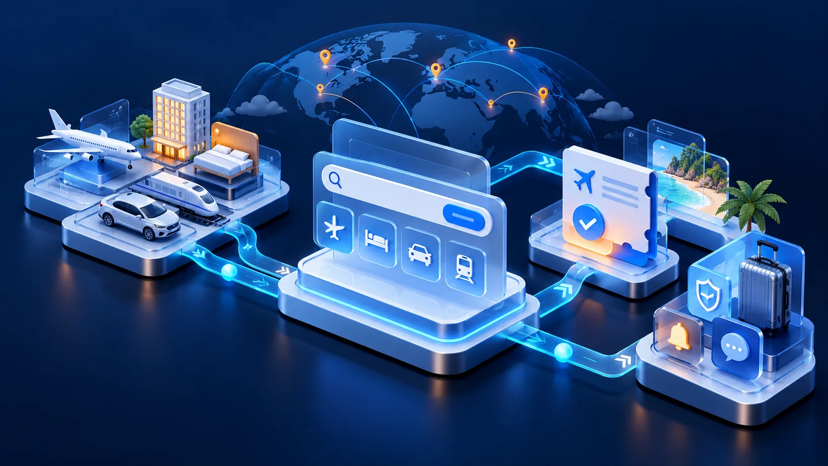 Conceptual illustration: Online travel platform shown as a modular operating product with search, supplier inventory, reservation and post-booking service connected across one customer journey.