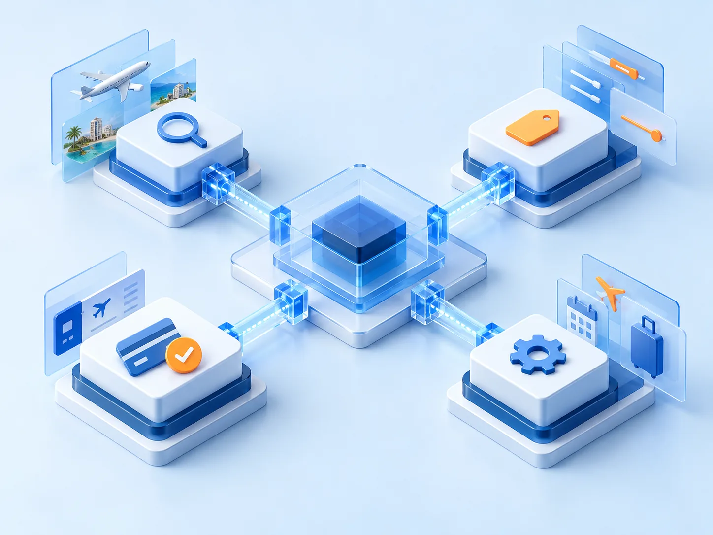 Conceptual illustration: A flexible OTA architecture with independently replaceable search, pricing, checkout and servicing modules, connected by stable tested interfaces.
